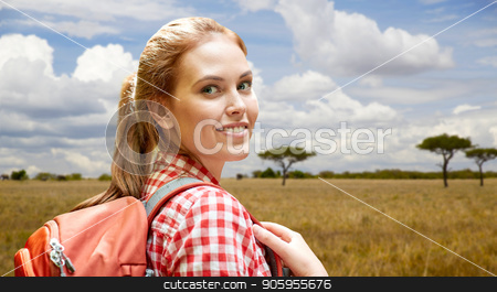 To use this stock image in your creative project, please select the size you need over to the right and click the "Add to Cart" button.
Your downloaded image will come with the Cutcaster watermark removed so don’t worry about the watermark you see on this page. happy woman with backpack over african savannah stock photo, adventure, travel, tourism, hike and people concept - smiling young woman with backpack over african savannah background by Syda Productions