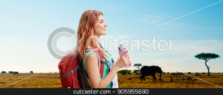 To use this stock image in your creative project, please select the size you need over to the right and click the "Add to Cart" button.
Your downloaded image will come with the Cutcaster watermark removed so don’t worry about the watermark you see on this page. happy woman with backpack over african savannah stock photo, adventure, travel, tourism, hike and people concept - smiling young woman with backpack and bottle of water over animals in african savannah background by Syda Productions