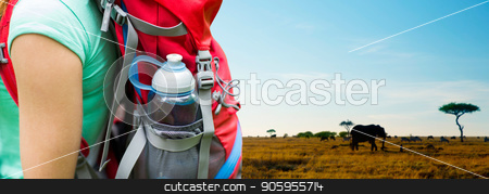 To use this stock image in your creative project, please select the size you need over to the right and click the "Add to Cart" button.
Your downloaded image will come with the Cutcaster watermark removed so don’t worry about the watermark you see on this page. close up of woman with water bottle in backpack stock photo, travel, tourism, hike and people concept - close up of woman with water bottle in backpack pocket over animals in african savannah background by Syda Productions