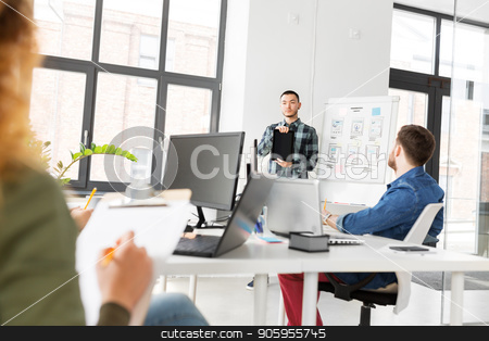 To use this stock image in your creative project, please select the size you need over to the right and click the "Add to Cart" button.
Your downloaded image will come with the Cutcaster watermark removed so don’t worry about the watermark you see on this page. man showing tablet pc to creative team at office stock photo, business, technology and people concept - man showing tablet pc computer to creative team at office presentation by Syda Productions
