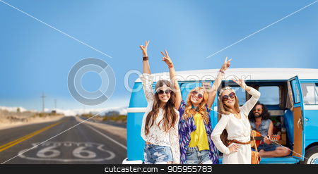 To use this stock image in your creative project, please select the size you need over to the right and click the "Add to Cart" button.
Your downloaded image will come with the Cutcaster watermark removed so don’t worry about the watermark you see on this page. hippie friends over minivan car on us route 66 stock photo, road trip, travel and people concept - happy young hippie friends having fun and dancing at minivan car over us route 66 background by Syda Productions