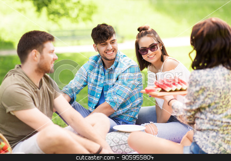 To use this stock image in your creative project, please select the size you need over to the right and click the "Add to Cart" button.
Your downloaded image will come with the Cutcaster watermark removed so don’t worry about the watermark you see on this page. happy friends eating watermelon at summer picnic stock photo, friendship, leisure and summer concept - group of happy friends eating watermelon at picnic in park by Syda Productions