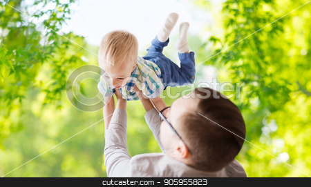 To use this stock image in your creative project, please select the size you need over to the right and click the "Add to Cart" button.
Your downloaded image will come with the Cutcaster watermark removed so don’t worry about the watermark you see on this page. father with son playing and having fun in summer stock photo, family, childhood, fatherhood and people concept - happy father and little son playing and having fun over green natural background by Syda Productions