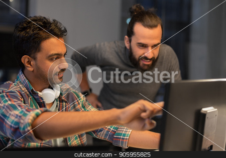 To use this stock image in your creative project, please select the size you need over to the right and click the "Add to Cart" button.
Your downloaded image will come with the Cutcaster watermark removed so don’t worry about the watermark you see on this page. creative team with computer working late at office stock photo, deadline, technology and people concept - creative team coworkers with computers working together late at night office by Syda Productions