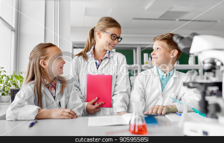 To use this stock image in your creative project, please select the size you need over to the right and click the "Add to Cart" button.
Your downloaded image will come with the Cutcaster watermark removed so don’t worry about the watermark you see on this page. kids studying chemistry at school laboratory stock photo, education, science and children concept - happy kids with workbooks studying chemistry at school laboratory by Syda Productions
