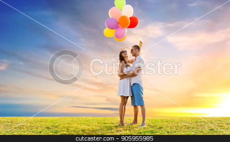 To use this stock image in your creative project, please select the size you need over to the right and click the "Add to Cart" button.
Your downloaded image will come with the Cutcaster watermark removed so don’t worry about the watermark you see on this page. happy couple with balloons over sunset sky stock photo, love, summer, dating and birthday concept - happy couple wearing sunglasses with balloons hugging on meadow over sunset sky background by Syda Productions