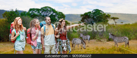 To use this stock image in your creative project, please select the size you need over to the right and click the "Add to Cart" button.
Your downloaded image will come with the Cutcaster watermark removed so don’t worry about the watermark you see on this page. friends with backpacks over african savannah stock photo, travel, tourism, hike and adventure concept - group of smiling friends with backpacks pointing finger to something over zebras in african savannah background by Syda Productions