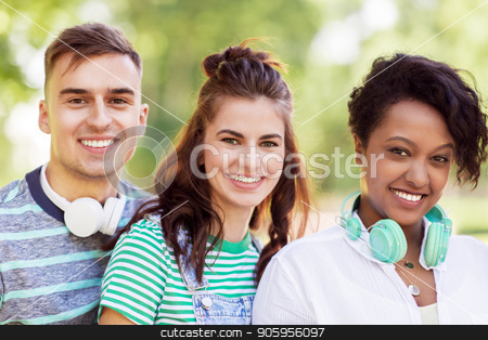 To use this stock image in your creative project, please select the size you need over to the right and click the "Add to Cart" button.
Your downloaded image will come with the Cutcaster watermark removed so don’t worry about the watermark you see on this page. group of happy smiling friends with headphones stock photo, people, friendship and international concept - group of happy smiling friends with headphones outdoors by Syda Productions