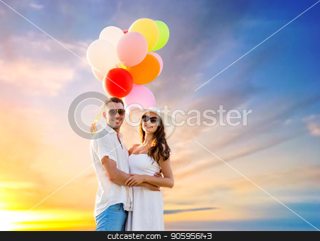 To use this stock image in your creative project, please select the size you need over to the right and click the "Add to Cart" button.
Your downloaded image will come with the Cutcaster watermark removed so don’t worry about the watermark you see on this page. happy couple with balloons over sunset sky stock photo, love, summer, dating and birthday concept - happy couple wearing sunglasses with balloons hugging over sunset sky background by Syda Productions