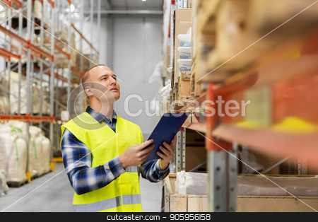To use this stock image in your creative project, please select the size you need over to the right and click the "Add to Cart" button.
Your downloaded image will come with the Cutcaster watermark removed so don’t worry about the watermark you see on this page. warehouse worker with clipboard in safety vest stock photo, logistic business, shipment and people concept - male worker or supervisor with clipboard in reflective safety vest at warehouse by Syda Productions