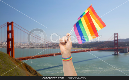 To use this stock image in your creative project, please select the size you need over to the right and click the "Add to Cart" button.
Your downloaded image will come with the Cutcaster watermark removed so don’t worry about the watermark you see on this page. hand with gay pride rainbow flags and wristband stock photo, lgbt, same-sex relationships and homosexual concept - close up of male hand with gay pride awareness wristband holding rainbow flags over golden gate bridge in san francisco bay background by Syda Productions