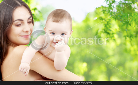 To use this stock image in your creative project, please select the size you need over to the right and click the "Add to Cart" button.
Your downloaded image will come with the Cutcaster watermark removed so don’t worry about the watermark you see on this page. mother with baby over green natural background stock photo, family and motherhood concept - happy smiling young mother with little baby over green natural background by Syda Productions