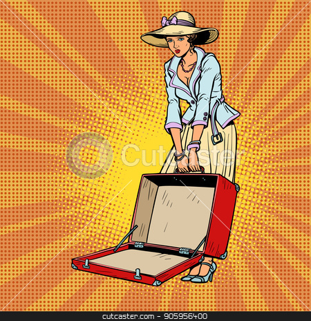 To use this stock image in your creative project, please select the size you need over to the right and click the "Add to Cart" button.
Your downloaded image will come with the Cutcaster watermark removed so don’t worry about the watermark you see on this page. Woman with open suitcase stock vector clipart, Woman with open suitcase. Comic cartoon pop art retro vector illustration drawing by rogistok
