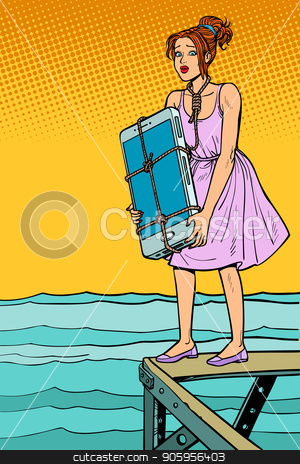 To use this stock image in your creative project, please select the size you need over to the right and click the "Add to Cart" button.
Your downloaded image will come with the Cutcaster watermark removed so don’t worry about the watermark you see on this page. Woman suicide with smartphone on neck wants to drown herself stock vector clipart, Woman suicide with smartphone on neck wants to drown herself. Beach promenade. Comic cartoon pop art retro vector illustration drawing by rogistok