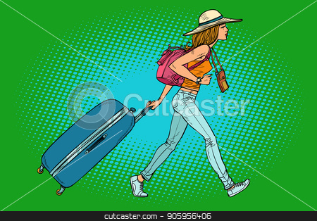 To use this stock image in your creative project, please select the size you need over to the right and click the "Add to Cart" button.
Your downloaded image will come with the Cutcaster watermark removed so don’t worry about the watermark you see on this page. Woman traveler with suitcase stock vector clipart, Woman traveler with suitcase. Comic cartoon pop art retro vector illustration drawing by rogistok