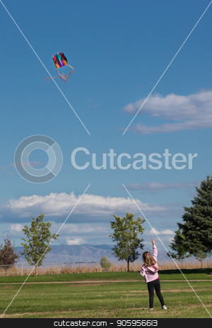 To use this stock image in your creative project, please select the size you need over to the right and click the "Add to Cart" button.
Your downloaded image will come with the Cutcaster watermark removed so don’t worry about the watermark you see on this page. Young girl flying a kite stock photo, Kite way up high in the sky at the park for this young girl by txking