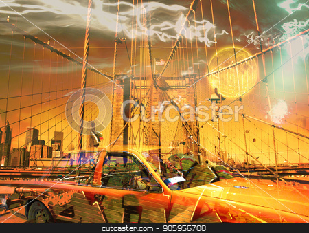 To use this stock image in your creative project, please select the size you need over to the right and click the "Add to Cart" button.
Your downloaded image will come with the Cutcaster watermark removed so don’t worry about the watermark you see on this page. Brooklyn bridge and yellow cab stock photo, Surreal digital art. Yellow cab on the Brooklyn bridge. Graffiti elements. Full moon in the sky. by Bruce Rolff