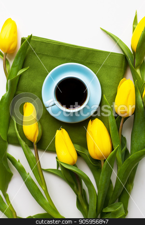To use this stock image in your creative project, please select the size you need over to the right and click the "Add to Cart" button.
Your downloaded image will come with the Cutcaster watermark removed so don’t worry about the watermark you see on this page. freshly brewed coffee stock photo, Yellow tulips with a cup of coffee on the white table with green cloth, close-up by Sergiy Artsaba