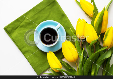 To use this stock image in your creative project, please select the size you need over to the right and click the "Add to Cart" button.
Your downloaded image will come with the Cutcaster watermark removed so don’t worry about the watermark you see on this page. freshly brewed coffee stock photo, Yellow tulips with a cup of coffee on the white table with green cloth by Sergiy Artsaba
