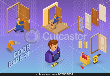 To use this stock image in your creative project, please select the size you need over to the right and click the "Add to Cart" button.
Your downloaded image will come with the Cutcaster watermark removed so don’t worry about the watermark you see on this page. Door installing service. Isometric concept. Worker, equipment. stock vector clipart, Door installing service. Isometric interior repairs concept. Worker, equipment and items isometric icon. Builder in uniform, professional tools, door leaf. Vector flat 3d illustration. by VeYe