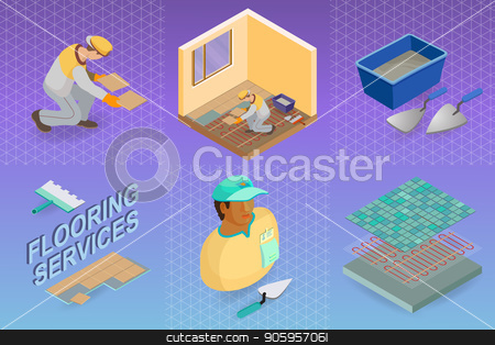 To use this stock image in your creative project, please select the size you need over to the right and click the "Add to Cart" button.
Your downloaded image will come with the Cutcaster watermark removed so don’t worry about the watermark you see on this page. Isometric interior repairs concept. The Repairer is laying tile. stock vector clipart, Home repair isometric template. Installing tiles on insulated floor. Repairer is laying tile. Builder in uniform holds a tile. Worker, tools and fragment of interior. Vector flat 3d illustration. by VeYe