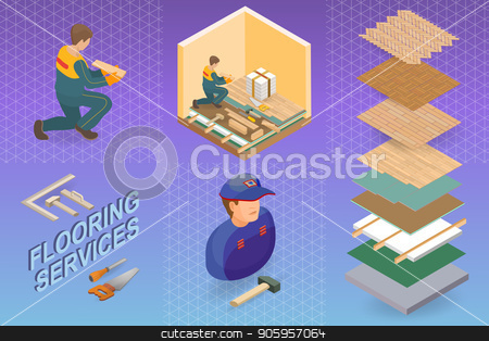 To use this stock image in your creative project, please select the size you need over to the right and click the "Add to Cart" button.
Your downloaded image will come with the Cutcaster watermark removed so don’t worry about the watermark you see on this page. Isometric interior repairs concept. Repairer is laying parquet stock vector clipart, Home repair isometric template. The Repairer is laying parquet on prepared lined insulated base of the premises. Builder in uniform holds a wooden parquet. Parquet service. Vector flat 3d illustration by VeYe