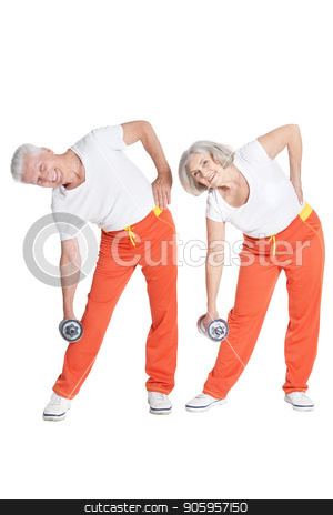 To use this stock image in your creative project, please select the size you need over to the right and click the "Add to Cart" button.
Your downloaded image will come with the Cutcaster watermark removed so don’t worry about the watermark you see on this page. smiling senior couple exercising stock photo, Active smiling senior couple exercising isolated on white by Ruslan Huzau