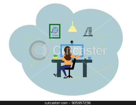 To use this stock image in your creative project, please select the size you need over to the right and click the "Add to Cart" button.
Your downloaded image will come with the Cutcaster watermark removed so don’t worry about the watermark you see on this page. Vector illustration, flat style. Girl online assistant at work, promotion in the network, manager at remote work. A woman works behind a computer stock vector clipart, Vector illustration, flat style. Girl online assistant at work, promotion in the network, manager at remote work. A woman works behind a computer. by Sergiy Artsaba