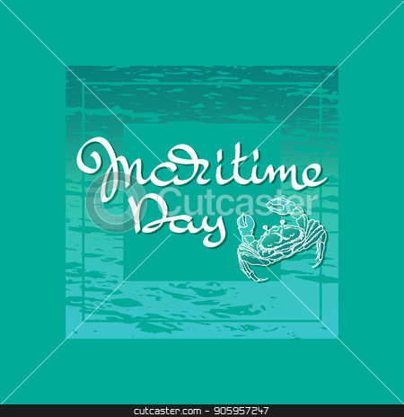 To use this stock image in your creative project, please select the size you need over to the right and click the "Add to Cart" button.
Your downloaded image will come with the Cutcaster watermark removed so don’t worry about the watermark you see on this page. Maritime day. Handwritten words, crab. Vector. stock vector clipart, Maritime day. Handwritten words, crab and waves isolated on aquamarine background. Vector illustration. by VeYe