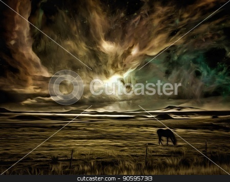 To use this stock image in your creative project, please select the size you need over to the right and click the "Add to Cart" button.
Your downloaded image will come with the Cutcaster watermark removed so don’t worry about the watermark you see on this page. Nature Grace stock photo, Surreal digital art. Horse grazes in the field. Vivid colorful sky with stars and galaxies. by Bruce Rolff