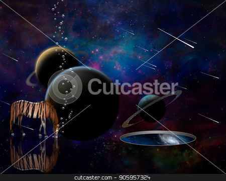 To use this stock image in your creative project, please select the size you need over to the right and click the "Add to Cart" button.
Your downloaded image will come with the Cutcaster watermark removed so don’t worry about the watermark you see on this page. Meteor shower stock photo, Surreal 3D rendering. Exosolar planets and meteor shower. Striped horse and wormhole to another dimension. by Bruce Rolff