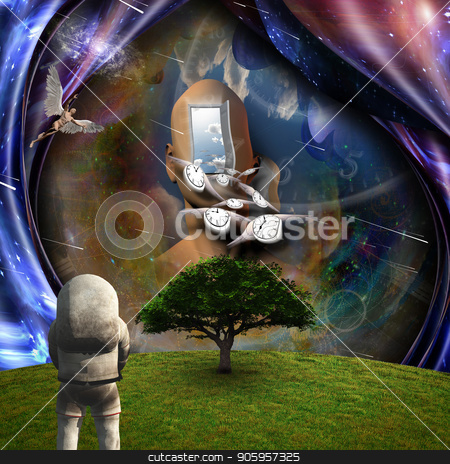 To use this stock image in your creative project, please select the size you need over to the right and click the "Add to Cart" button.
Your downloaded image will come with the Cutcaster watermark removed so don’t worry about the watermark you see on this page. Faith and science stock photo, Surrealism. Flow of Time through space. Astronaut in the green field. Naked man with wings represents angels. 3D rendering. by Bruce Rolff