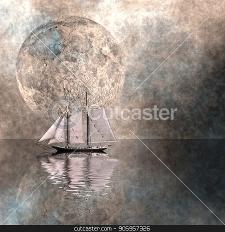 To use this stock image in your creative project, please select the size you need over to the right and click the "Add to Cart" button.
Your downloaded image will come with the Cutcaster watermark removed so don’t worry about the watermark you see on this page. Moon Sailing stock photo, Ancient sail ship in surreal ocean. Giant moon in the sky by Bruce Rolff