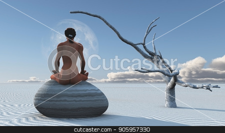 To use this stock image in your creative project, please select the size you need over to the right and click the "Add to Cart" button.
Your downloaded image will come with the Cutcaster watermark removed so don’t worry about the watermark you see on this page. Desert Meditation stock photo, Woman meditates sitting on stone in white sands landscape by Bruce Rolff