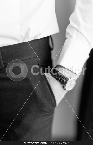 To use this stock image in your creative project, please select the size you need over to the right and click the "Add to Cart" button.
Your downloaded image will come with the Cutcaster watermark removed so don’t worry about the watermark you see on this page. Close-up view of the hand with hand watch of the groom in the pocket. Photo in black. stock photo, Close-up view of the hand with hand watch of the groom in the pocket. Photo in black by Andrii Kobryn