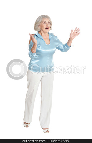 To use this stock image in your creative project, please select the size you need over to the right and click the "Add to Cart" button.
Your downloaded image will come with the Cutcaster watermark removed so don’t worry about the watermark you see on this page. Portrait of beautiful senior woman stock photo, Portrait of beautiful senior woman in blue blouse posing isolated on white background by Ruslan Huzau