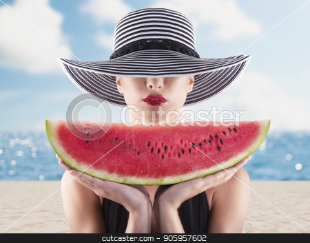 To use this stock image in your creative project, please select the size you need over to the right and click the "Add to Cart" button.
Your downloaded image will come with the Cutcaster watermark removed so don’t worry about the watermark you see on this page. Girl in swimsuit with red watermelon in hand stock photo, Girl in swimsuit with fresh red watermelon in hand by Federico Caputo