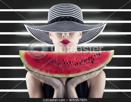 To use this stock image in your creative project, please select the size you need over to the right and click the "Add to Cart" button.
Your downloaded image will come with the Cutcaster watermark removed so don’t worry about the watermark you see on this page. Girl in swimsuit with red watermelon in hand stock photo, Girl in swimsuit with fresh red watermelon in hand by Federico Caputo