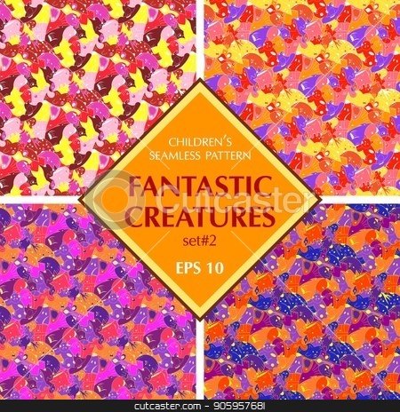 To use this stock image in your creative project, please select the size you need over to the right and click the "Add to Cart" button.
Your downloaded image will come with the Cutcaster watermark removed so don’t worry about the watermark you see on this page. Set of bright background with fantastic creatures. stock vector clipart, Set of bright background with fantastic creatures. Seamless pattern with fantazy animals. olored set of repeating pattern for the background of packaging paper, textiles, websites, wallpaper and other by Heliburcka