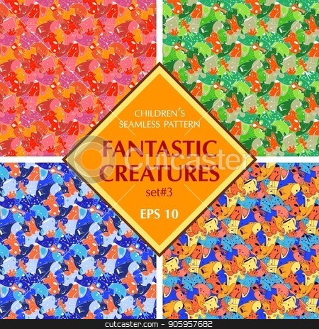 To use this stock image in your creative project, please select the size you need over to the right and click the "Add to Cart" button.
Your downloaded image will come with the Cutcaster watermark removed so don’t worry about the watermark you see on this page. Set of bright background with fantastic creatures. stock vector clipart, Set of bright background with fantastic creatures. Seamless pattern with fantazy animals. olored set of repeating pattern for the background of packaging paper, textiles, websites, wallpaper and other by Heliburcka