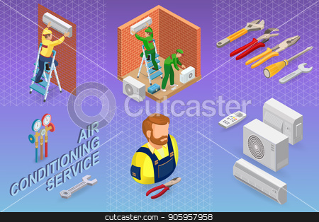 To use this stock image in your creative project, please select the size you need over to the right and click the "Add to Cart" button.
Your downloaded image will come with the Cutcaster watermark removed so don’t worry about the watermark you see on this page. Isometric interior repairs concept. System of air conditioning. stock vector clipart, Home repair isometric template. The worker is standing on ladder and is attaching conditioner on a brick wall. Two workers are installing a system of air conditioning. Vector flat 3d illustration. by VeYe