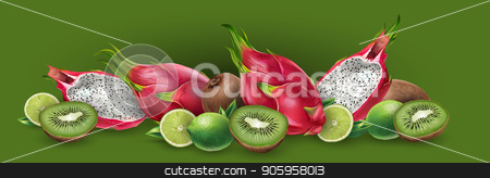 To use this stock image in your creative project, please select the size you need over to the right and click the "Add to Cart" button.
Your downloaded image will come with the Cutcaster watermark removed so don’t worry about the watermark you see on this page. Dragon fruit and kiwi stock vector clipart, Dragon fruit and kiwi on green background. by ConceptCafe