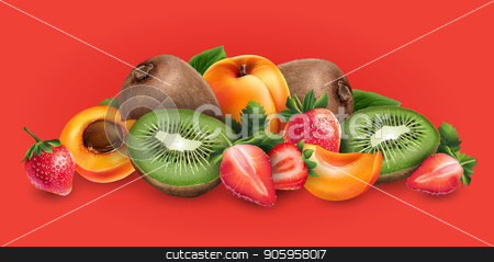 To use this stock image in your creative project, please select the size you need over to the right and click the "Add to Cart" button.
Your downloaded image will come with the Cutcaster watermark removed so don’t worry about the watermark you see on this page. Apricot, strawberry and kiwi stock vector clipart, Apricot, strawberry and kiwi on a red background. by ConceptCafe