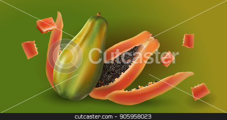 To use this stock image in your creative project, please select the size you need over to the right and click the "Add to Cart" button.
Your downloaded image will come with the Cutcaster watermark removed so don’t worry about the watermark you see on this page. Papaya on green background stock vector clipart, Papaya or pawpaw slices on green background. by ConceptCafe