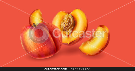 To use this stock image in your creative project, please select the size you need over to the right and click the "Add to Cart" button.
Your downloaded image will come with the Cutcaster watermark removed so don’t worry about the watermark you see on this page. Peach on pink background stock vector clipart, Realistic peach and slices on pink background. by ConceptCafe