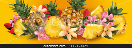 To use this stock image in your creative project, please select the size you need over to the right and click the "Add to Cart" button.
Your downloaded image will come with the Cutcaster watermark removed so don’t worry about the watermark you see on this page. Pineapple and tropical flowers stock vector clipart, Pineapple slices and many bright tropical flowers by ConceptCafe