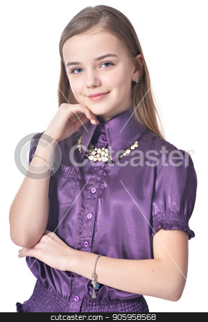 To use this stock image in your creative project, please select the size you need over to the right and click the "Add to Cart" button.
Your downloaded image will come with the Cutcaster watermark removed so don’t worry about the watermark you see on this page. Happy teen girl in purple blouse posing stock photo, Happy teen girl in purple blouse posing isolated on white background by Ruslan Huzau