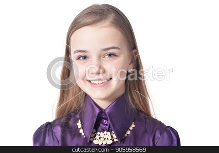 To use this stock image in your creative project, please select the size you need over to the right and click the "Add to Cart" button.
Your downloaded image will come with the Cutcaster watermark removed so don’t worry about the watermark you see on this page. Happy teen girl in purple blouse posing stock photo, Happy teen girl in purple blouse posing isolated on white background by Ruslan Huzau