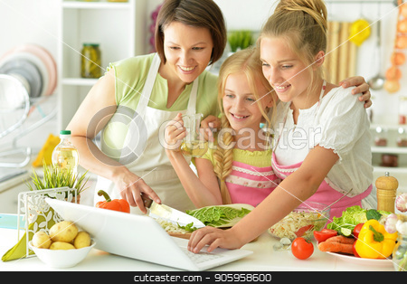 To use this stock image in your creative project, please select the size you need over to the right and click the "Add to Cart" button.
Your downloaded image will come with the Cutcaster watermark removed so don’t worry about the watermark you see on this page. mother and two daughters stock photo, mother and two daughters in the kitchen by Ruslan Huzau