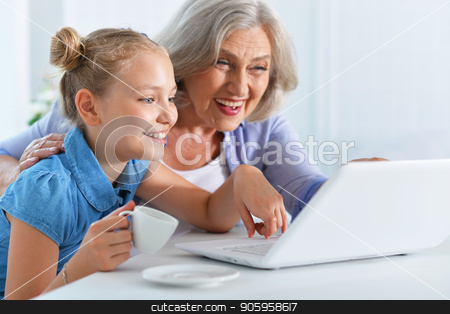 To use this stock image in your creative project, please select the size you need over to the right and click the "Add to Cart" button.
Your downloaded image will come with the Cutcaster watermark removed so don’t worry about the watermark you see on this page. Grandmother with adorable granddaughter stock photo, Portrait of grandmother with adorable granddaughter using laptop by Ruslan Huzau